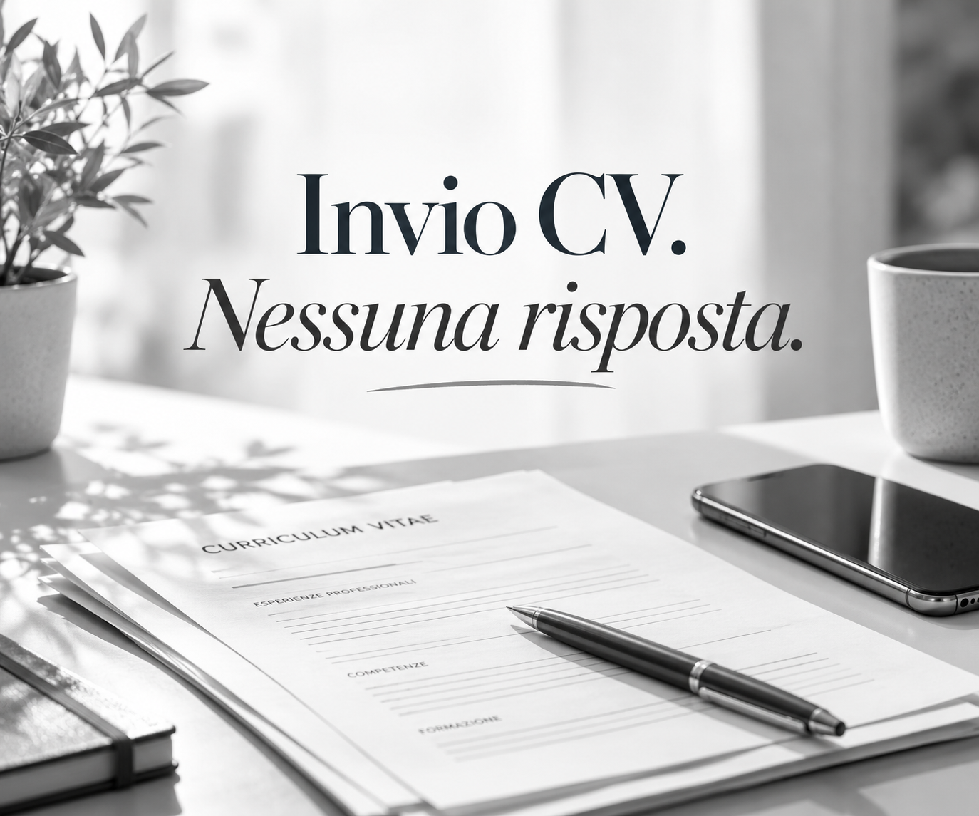Invio curriculum ma non ricevo risposte: curriculum vitae e smartphone su una scrivania in bianco e nero.